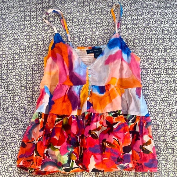 French connection, floral multicolor button down ruffled flowy tank sz X… - Picture 1 of 9
